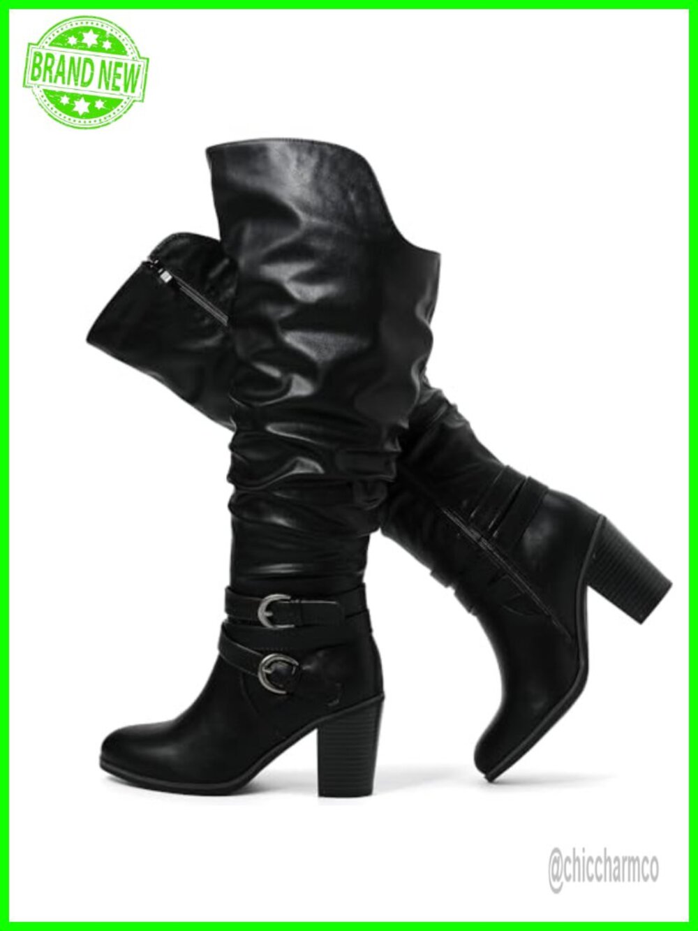 Wide Calf Knee High Boots Faux Leather Round Toe Block Heel Side Zip